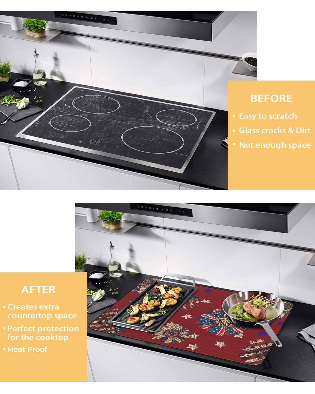 nqOlkjepod Large Induction Cooktop Protector Mat 36"x21", Independence Day Stove Top Covers for Electric Stove, Red Stars Stripes Sunflower Modern Stove Burner Cover Mats, Glass Top Stove Cover