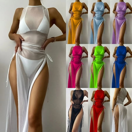 Clearance & Promo  Ladies Fashion Sexy Solid Color Lacing Split Bikini  Mesh Smock Suit  Trendy Women s Swimsuit  Comfortable Beachwear  Stylish Poolside Swimsuit for Women