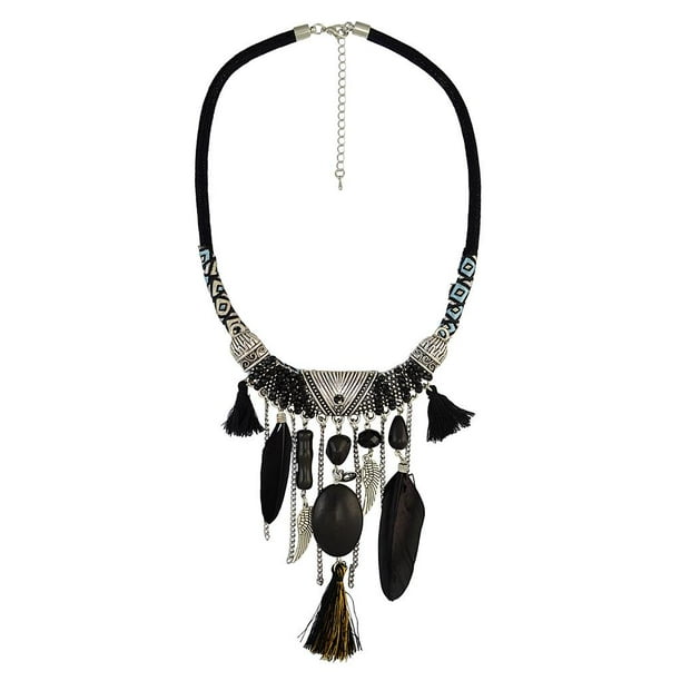 Collar babero de declaración Zulema Turquesa Borlas Gargantilla Bohemio Negro