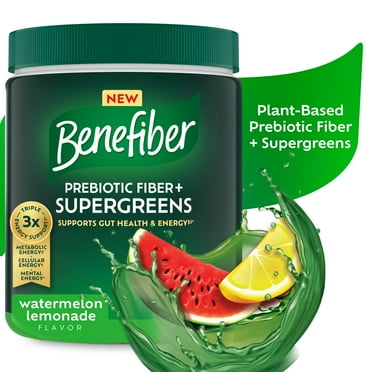 Benefiber Prebiotic Fiber   Supergreens Dietary Supplement Powder, Watermelon Lemonade Flavor, 8.8 oz (250G), 25 Day Supply