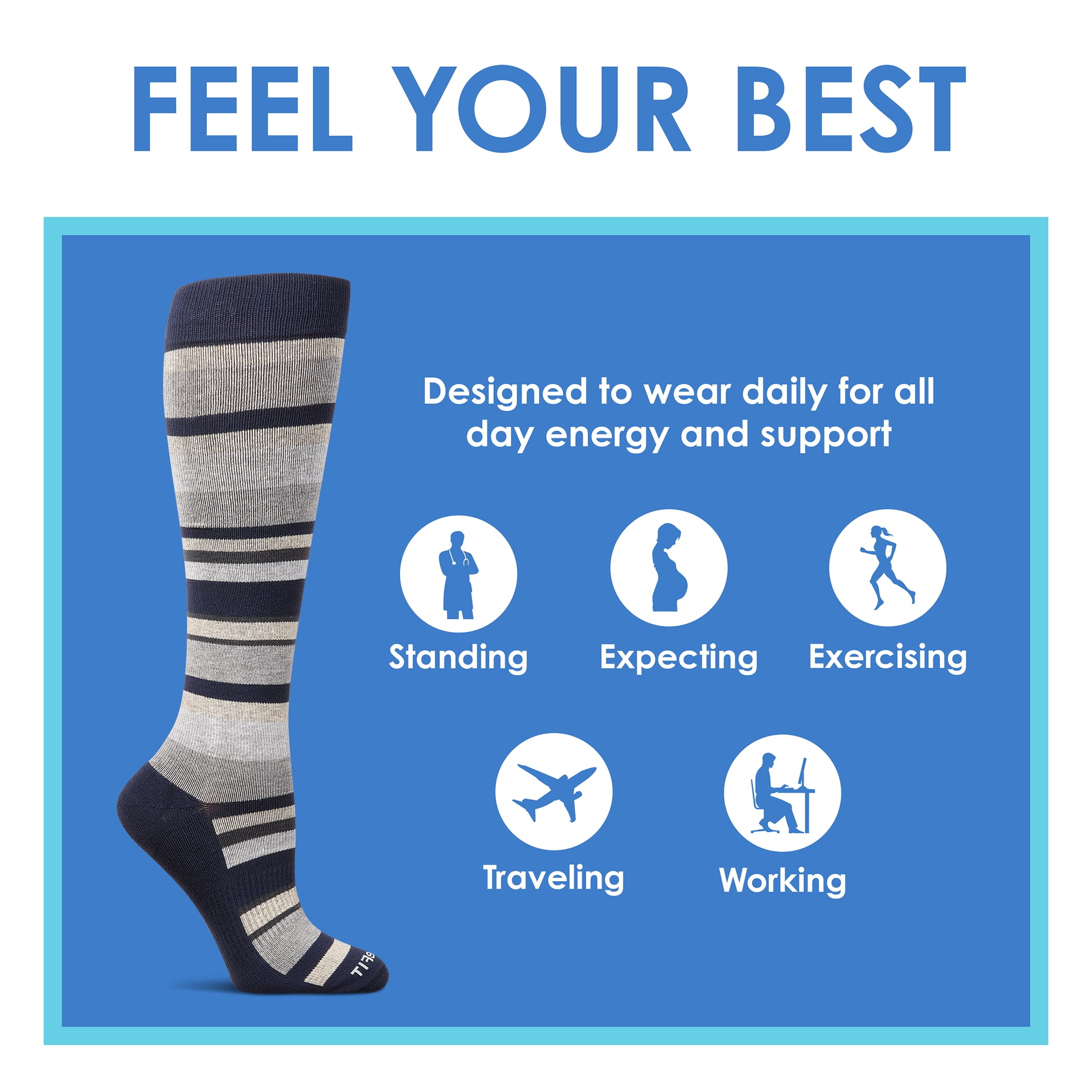 Care Fit Solutions 2 Pair Pack Striped Cotton Blend Graduated Compression Socks