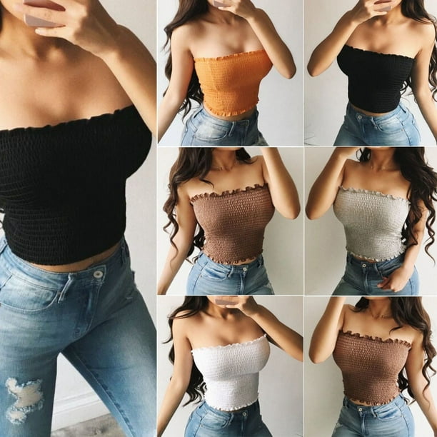 Sexy Women Off Shoulder Crop Tops Elastic Strapless Bandeau Tube Tops Shirt  Black/White/Grey/Brown