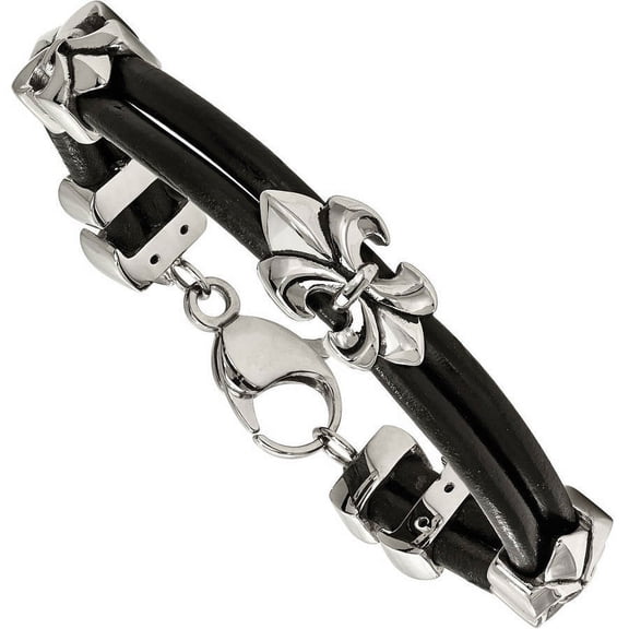 Primal Steel Stainless Steel Antiqued and Fleur De Lis Black Leather Bracelet