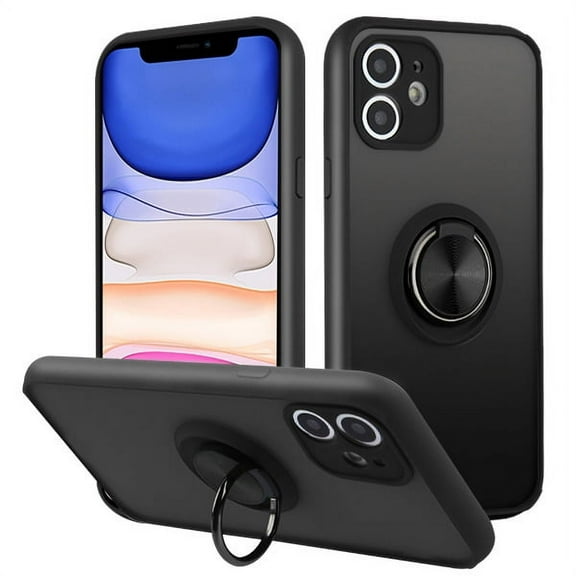 Apple iPhone 11 Phone Case Ultra Slim Hybrid Frosted Silicone Rubber TPU Bumper Frame with Ring Holder Stand and 360° Rotating Compatible Magnetic Car Mount Cover BLACK for Apple iPhone 11 /6.1"