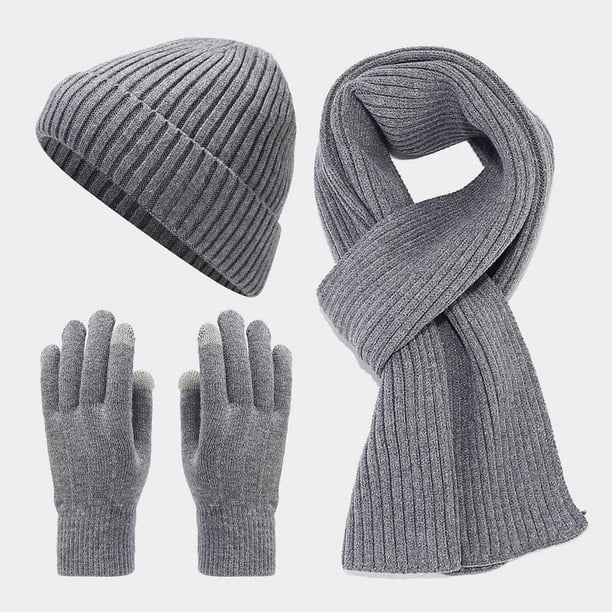 Conjunto de tres piezas de gorro, bufanda y guantes para hombre, cálidos y resistentes al frío, con forro de lana para otoño e invierno, tejido grueso a la moda para mujer