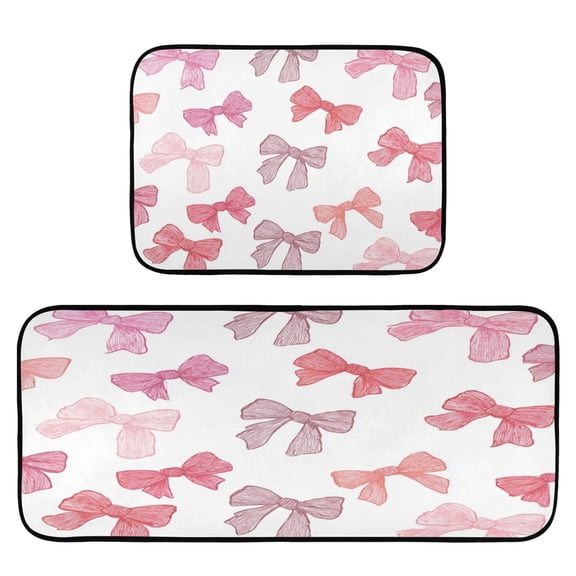 2-Piece Kitchen Rugs Set Non-Slip Mats Carpet Floor for Kitchen, Bathroom (19.7"x27.6" & 19.7"x47.2") Pink Bows Pattern