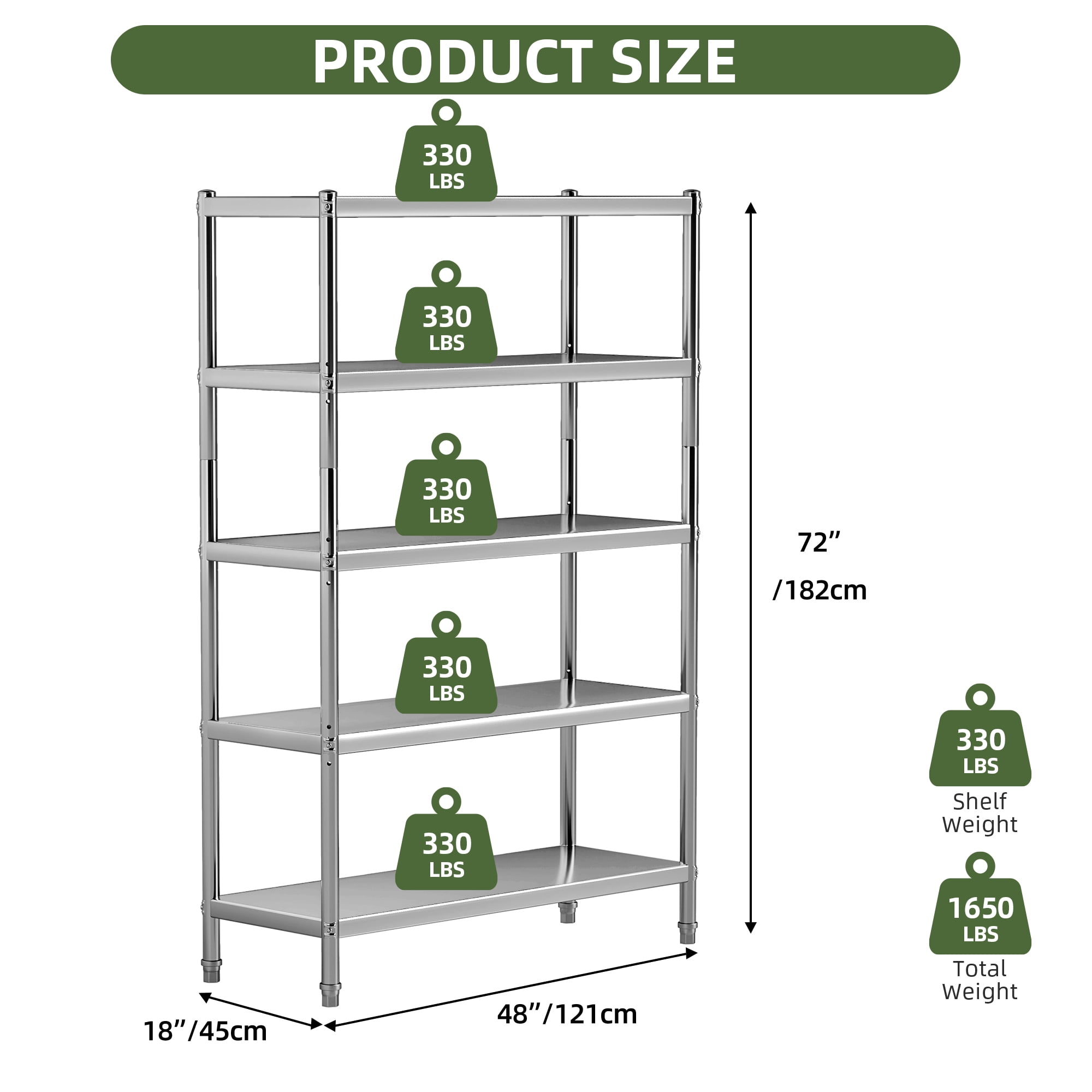 Uforic 5-Tier Stainless Steel Shelving Unit, Adjustable Height, 48 x 18 x 72 Inch, Heavy-Duty Metal Storage for Home, Restaurant