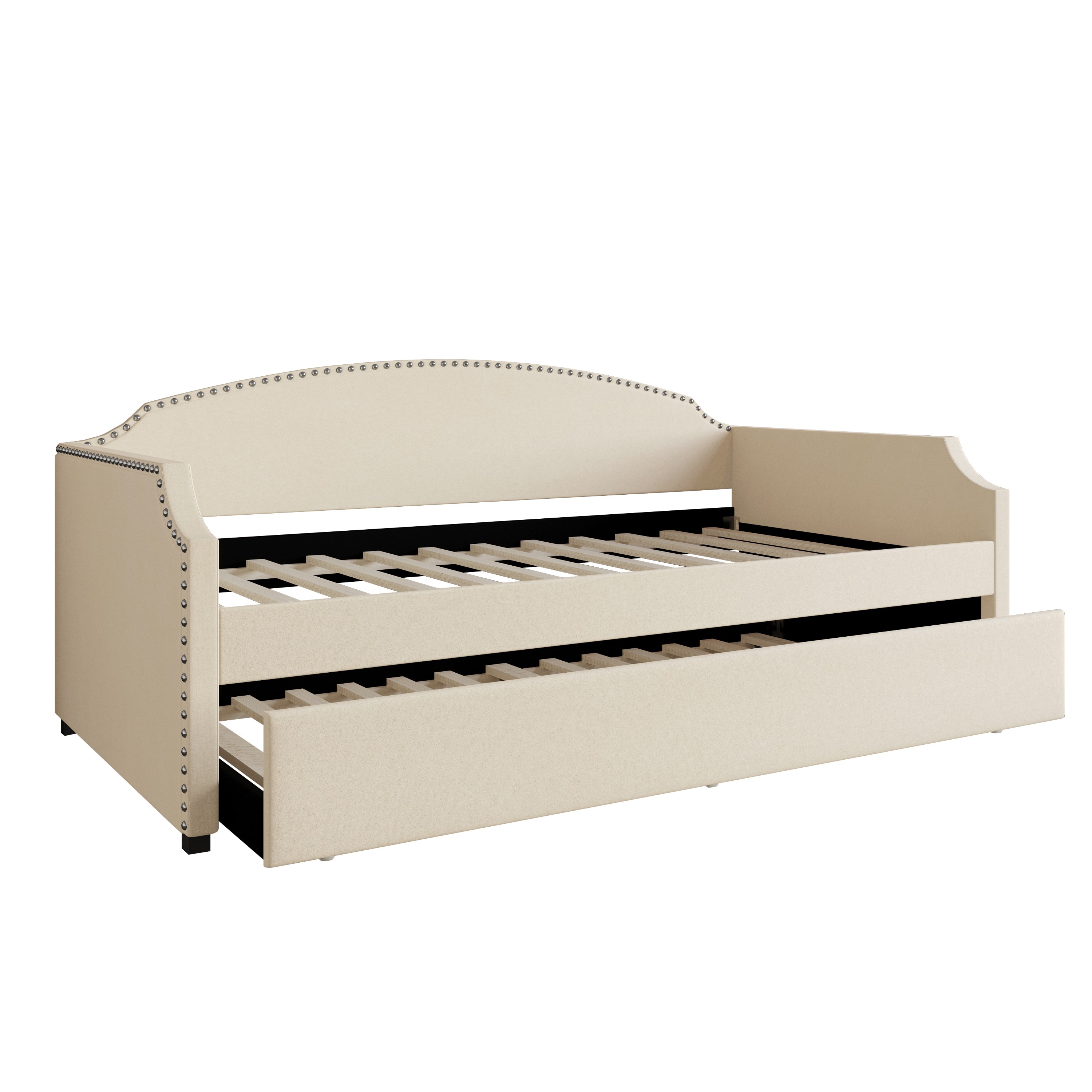 Home Design Kilgore Twin Daybed, Beige Velvet, Scooped Backrest, Chrome Nailhead Trim, Foam Padding, Pull-Out Trundle for Stylish Seating & Sleeping