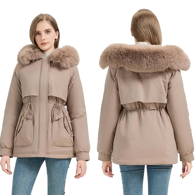 Économies Automne/hiver! srobpty Veste Matelassée à Manches Longues pour Femmes, Veste à Col à Revers à Gros Poils pour Femmes Automne et Hiver, Kaki, G