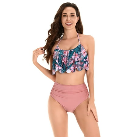Yanyanz Swim Suits for Women 2025  Mother And Swimsuit Girls Swimsuit High Waist Ruffled Halter Neck Two Bikini Set Family Matching Swimsuit  Women Swimsuits