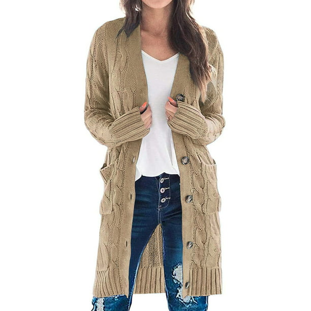 Womens Long Sleeve Cable Knit Long Cardigan Open Front Button Sweater ...