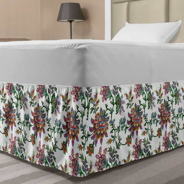 Floral Bed Skirt, Vintage Style Ornamental Flower Motifs Flourishing