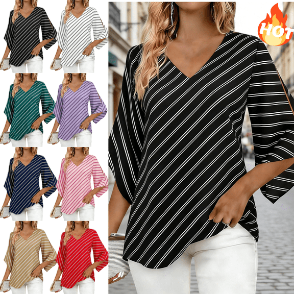 Mifsaly Striped Work Blouses for Women V-Neck 3/4 Sleeve Tops Lightweight Dressy Casual Going Out Flowy Shirts L