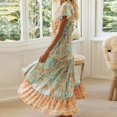 thumbnail image 3 of Summer Bohemian Holiday Wind V-neck Short-sleeved Print Temperament Wild High Waist Shutting Ladies Long Skirt, 3 of 5