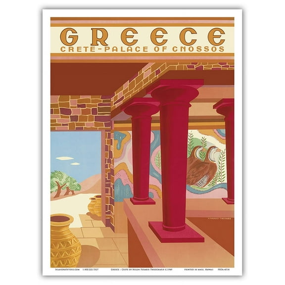 Crete Greece - Palace of Cnossos (Knossos) - Vintage Travel Poster by Helen Perakis-Theocharis c.1949 - Master Art Print (Unframed) 9in x 12in