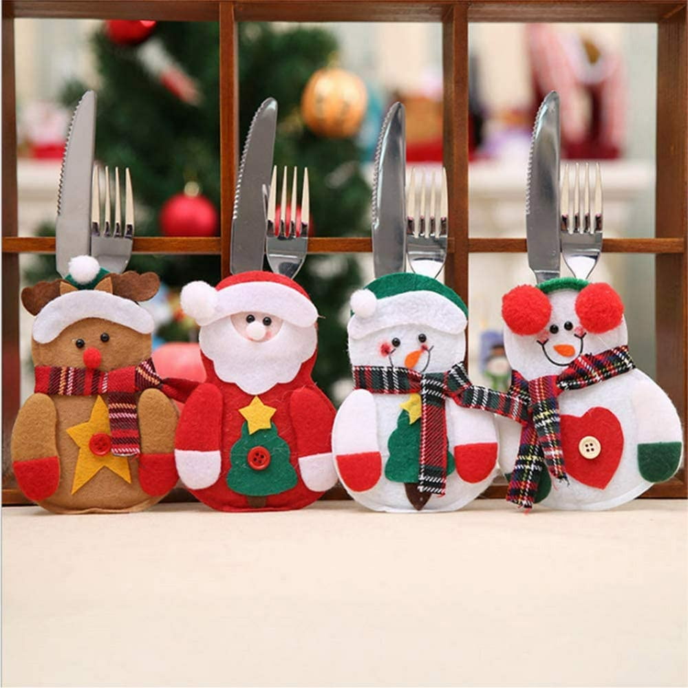 4 Pieces Christmas Silverware Holders Pocket Set Santa Claus, Snowman