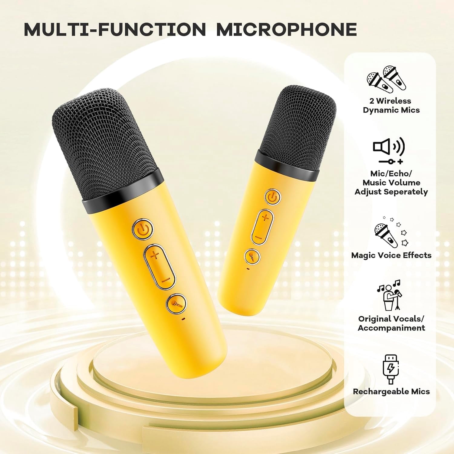 Mini Karaoke Machine for Adults, Portable Bluetooth Speaker with 2 Wireless Microphones, Birthday Gifts Toys for Girls Boys Ages 3, 4, 5, 6, 7, 8, 9,10,11,12+ Years Old Toddler (Yellow)