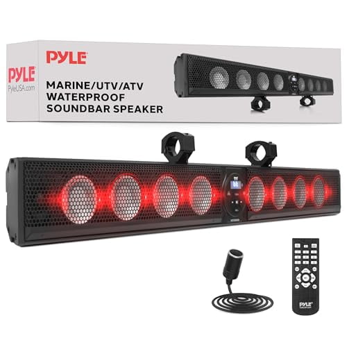 Pyle Sistema de altavoces con barra de sonido, barra de sonido envolvente de 8 x 30 W con Bluetooth, AUX, USB, iluminación RGB, control remoto, resistente al agua IPX5, diseño de aluminio perfecto par