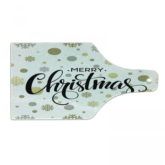 Christmas Cutting Board, Merry Christmas Lettering on an Abstract Modern Snowflake Dot Pattern, Decorative Tempered Glass Cutting and Serving Board, Wine Bottle Shape, Multicolor, by Ambesonne
