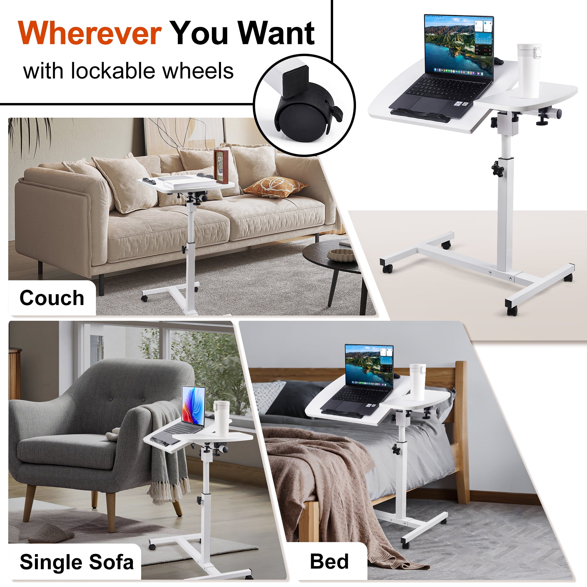 FOUKUS Mobile Compact Standing Desk: Height Adjustable Rolling Laptop Desk, Portable Laptop Stand 27.7" x 15.6" - White