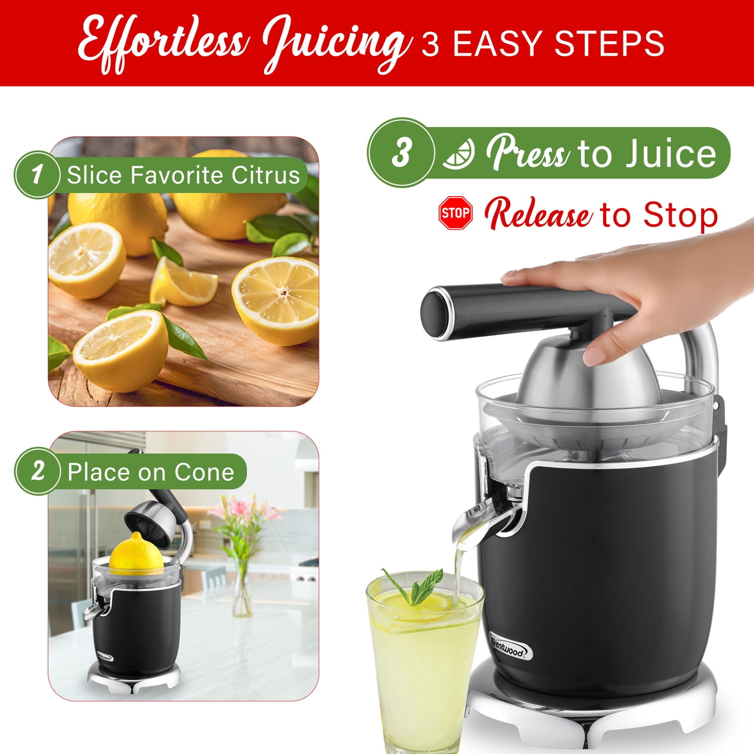 Brentwood 200-Watt 1-Speed Electric Citrus Juicer with 2 Cones and Stainless Steel Lever, Black