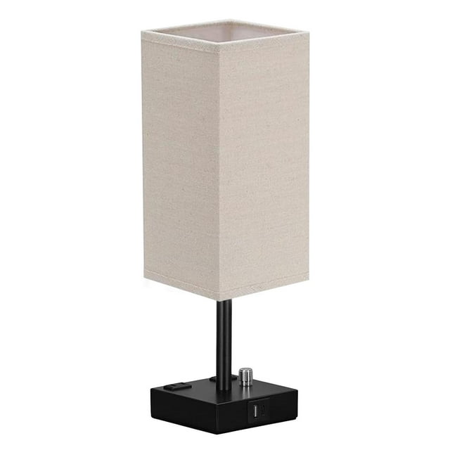 Bedside Lamp with USB Port Dual Outlets with Linen Shade NightStand Lamp Beige