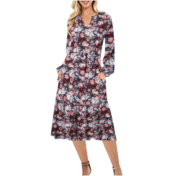 Nuevo vestido largo de manga larga de encaje fresco y elegante con cuello en V y estampado de moda Pompotops hdfakjf8301