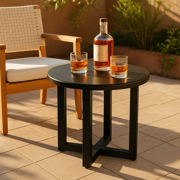 Round Metal Outdoor Table,All-Weather Black Patio Table for Garden,Deck or Balcony,Versatile Side Table,End Table & Bistro Table