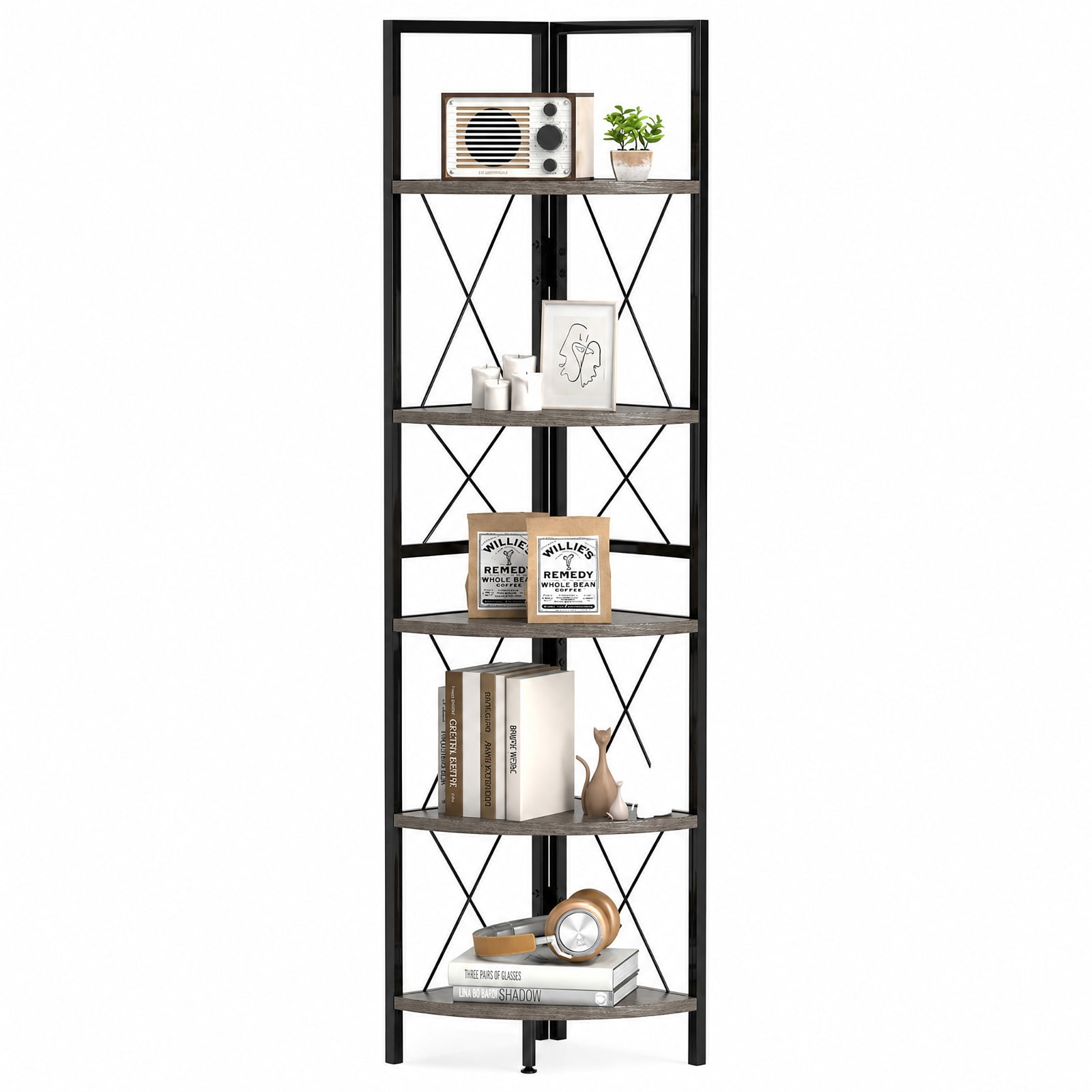 Furnibear 5-Tier Freestanding Corner Shelf 63 Inch Tall Storage Rack for Living Room Home Office Bedroom Display Storage Shelf, Oak