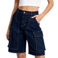 thumbnail image 3 of Women's High Waist Cargo Denim Shorts Distressed Straight Knee Length with Pockets, Loose Fit Summer Jean Pants, 3 of 8