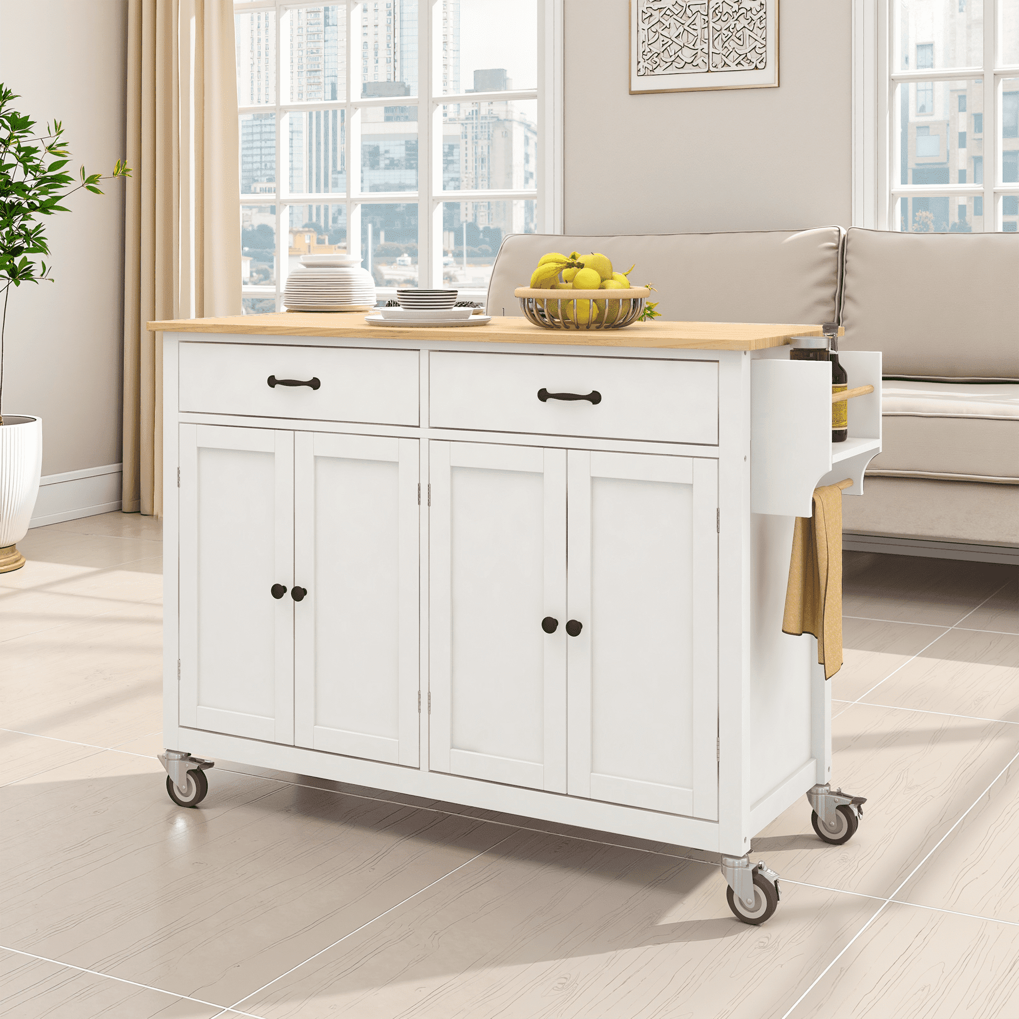MAYEERTY Kitchen Island Cart with Solid Wood Top & Locking Wheels (H Width) - 4-Door Cabinet