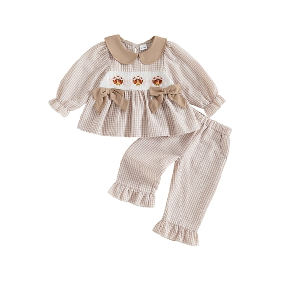 RUINIXCW Toddler Baby Girl Thanksgiving Outfit Plaid Bow Turkey Embroidery Bows Doll Collar Long Sleeve Tops and Pants 2 Pcs Set