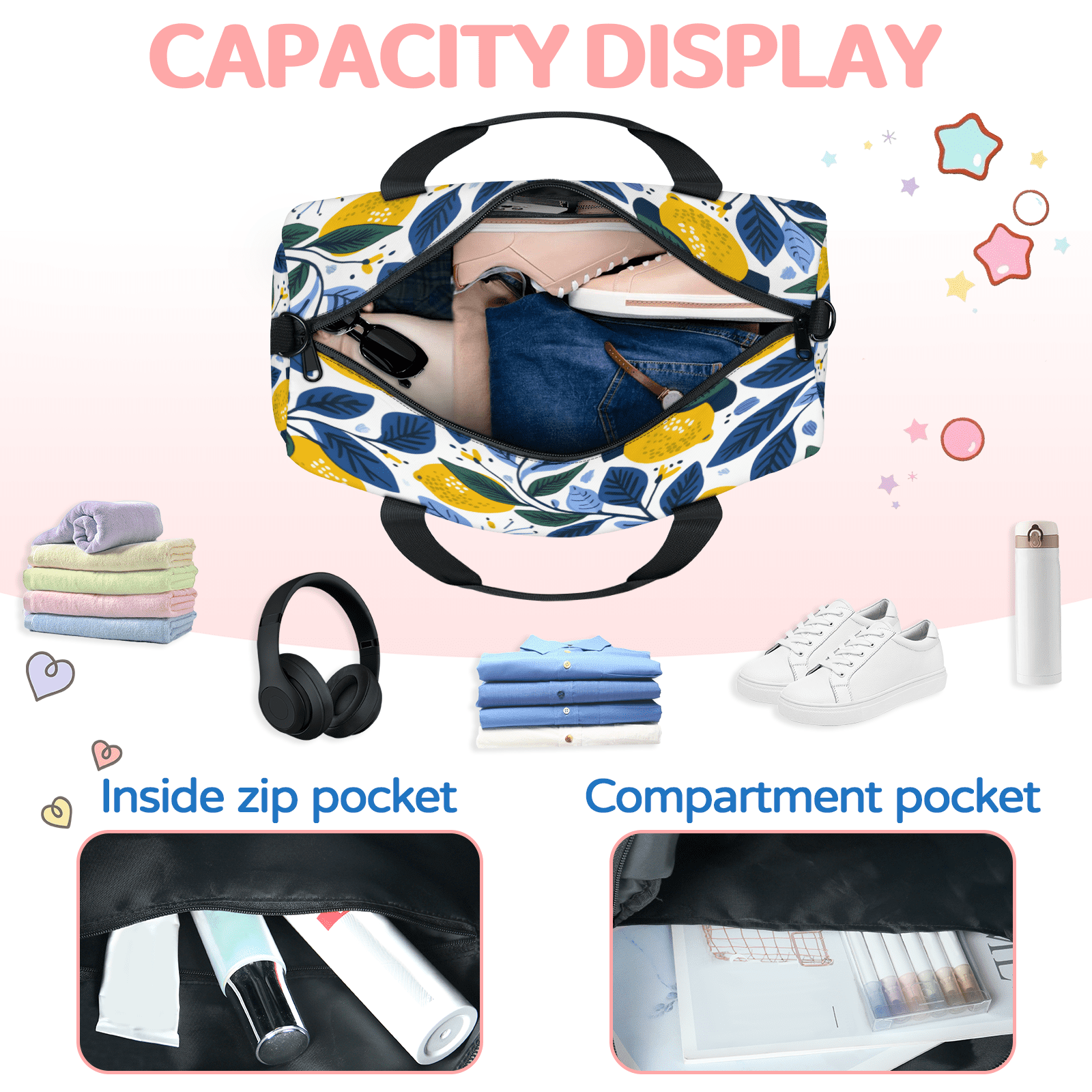Herdesigns Lemon Gym Bag for Women, Duffle Bag for Travel Sport, Lemon Lightweight Waterproof Carry on Weekender Dance Yoga Workout Bags