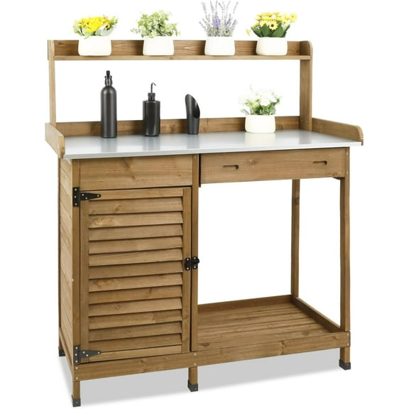 Gowoodhut Outdoor Garden Potting Bench Table,41" L Wooden Potting Table Work Bench for Horticulture,brown