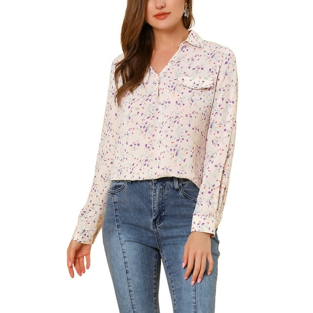 Camiseta de manga larga con pliegues y cuello en V para mujer Inspire Chic, con estampado floral y bolsillo falso, talla XS, blanca