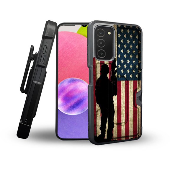 ANJ  Rugged Shockproof Holster Case Card Slot Kickstand   Tempered Glass Cover for Samsung Galaxy A03s - American Soldiers