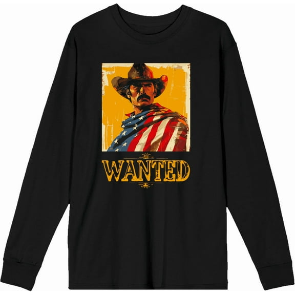 "Wanted" Cowboy With American Flag Adult Black Crew Neck Long Sleeve Tee-Large