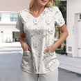 thumbnail image 2 of mgoYE Women Scrub Tops Printed Scrub Tops for Women Short Sleeve V-neck Stretch Holiday Scrub Shirt Floral Print Workwear with 2 Pockets(Beige,2XL), 2 of 5