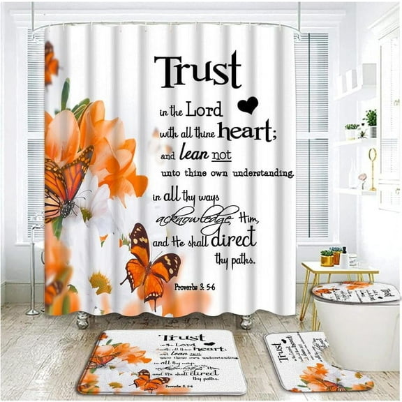 4 Piece Orange Flower Butterfly Shower Curtain Set with Rugs, Toilet Lid Cover ,Inspirational Quote Floral Plant Motivational Words Spring Garden Nature Scenic Bathroom Shower Curtain with Hooks