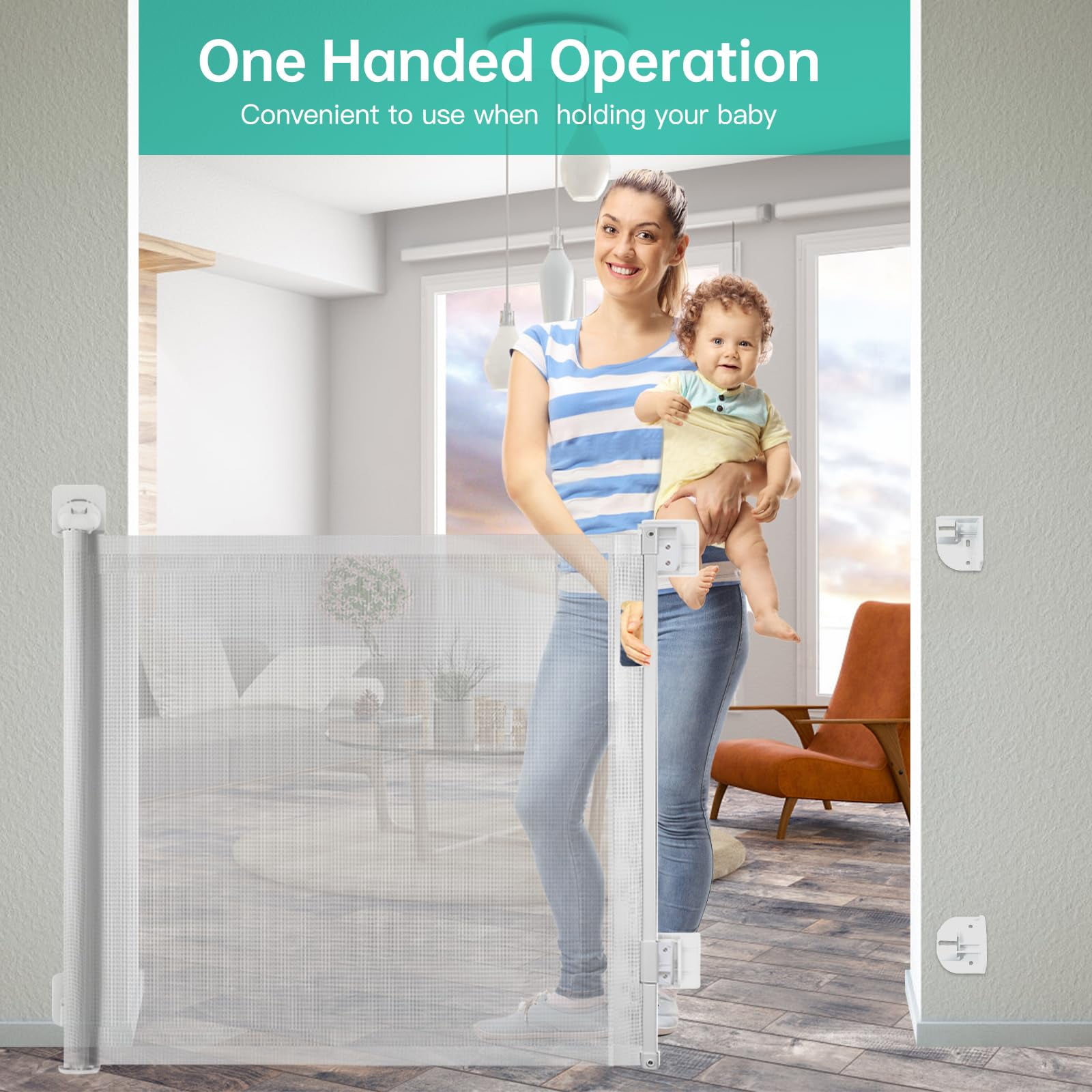 Sunnycome Retractable Baby Gate,Mesh Dog Gate,33"Tall Extends up to 63" Wide,Child Safety Gate for Doorways,Stairs,Hallways,Indoor Outdoor White