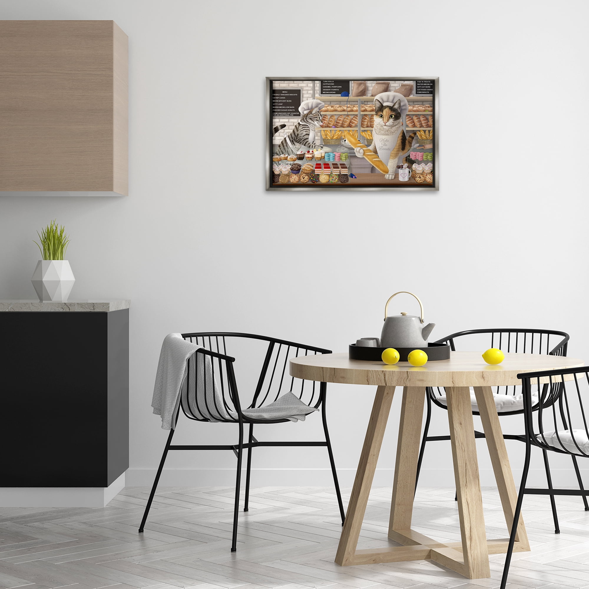 Stupell Industries Meow Bakery Funny Cats Food & Beverage Painting Gray Floater Framed Canvas Art Print Wall Art, 25 x 17