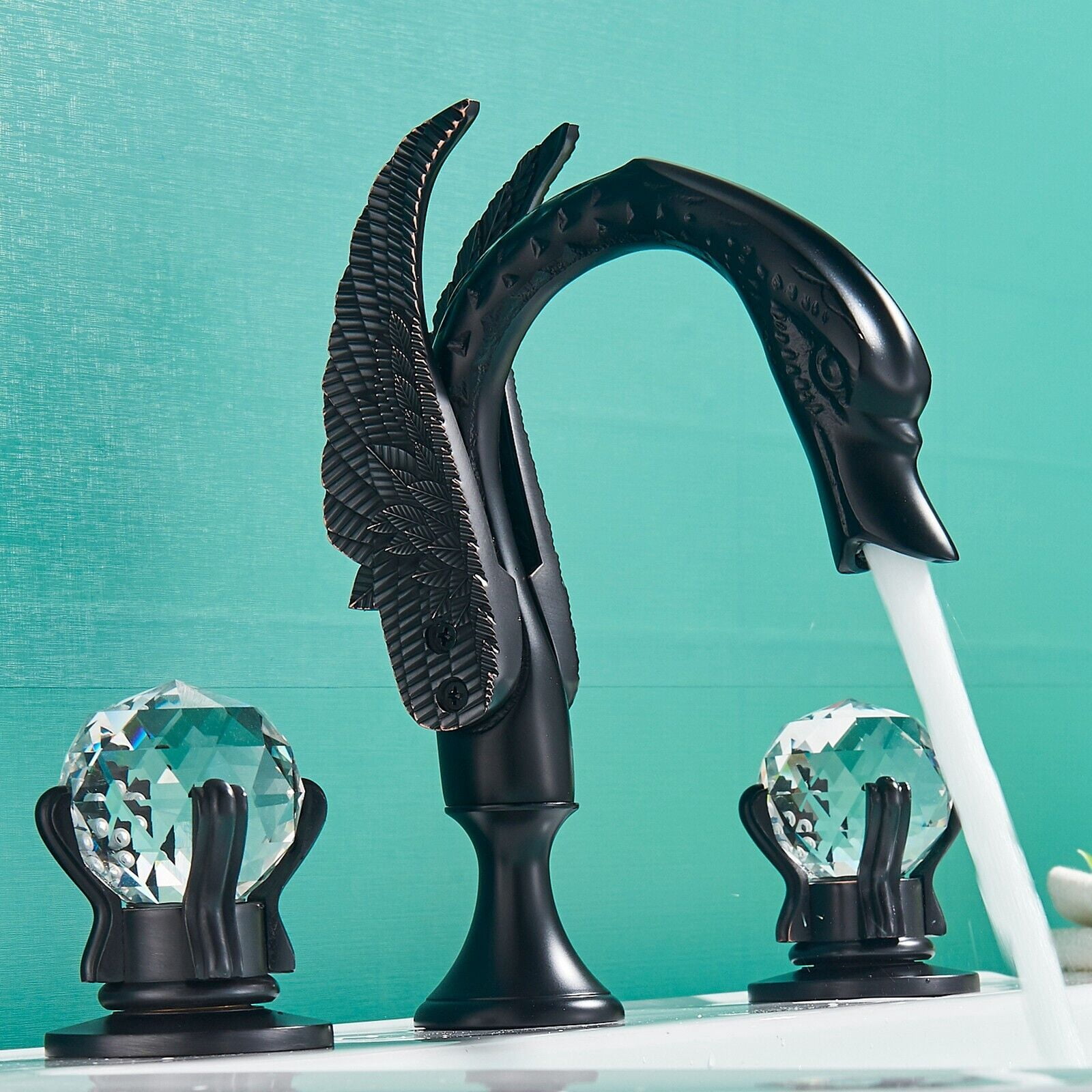 Luxury Bathroom Faucet 8 in Widespread Black Swan Basin Faucet w/Crystal Handles