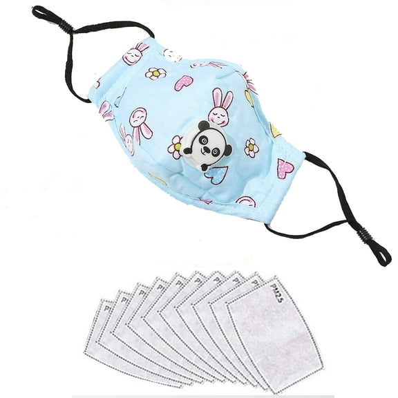 Child Size Cotton Face Covers with Breathing Valve, Wire Nose Bridge, Adjustable Ear Loops and Ten (10) PM2.5 Carbon Filters (Aqua)