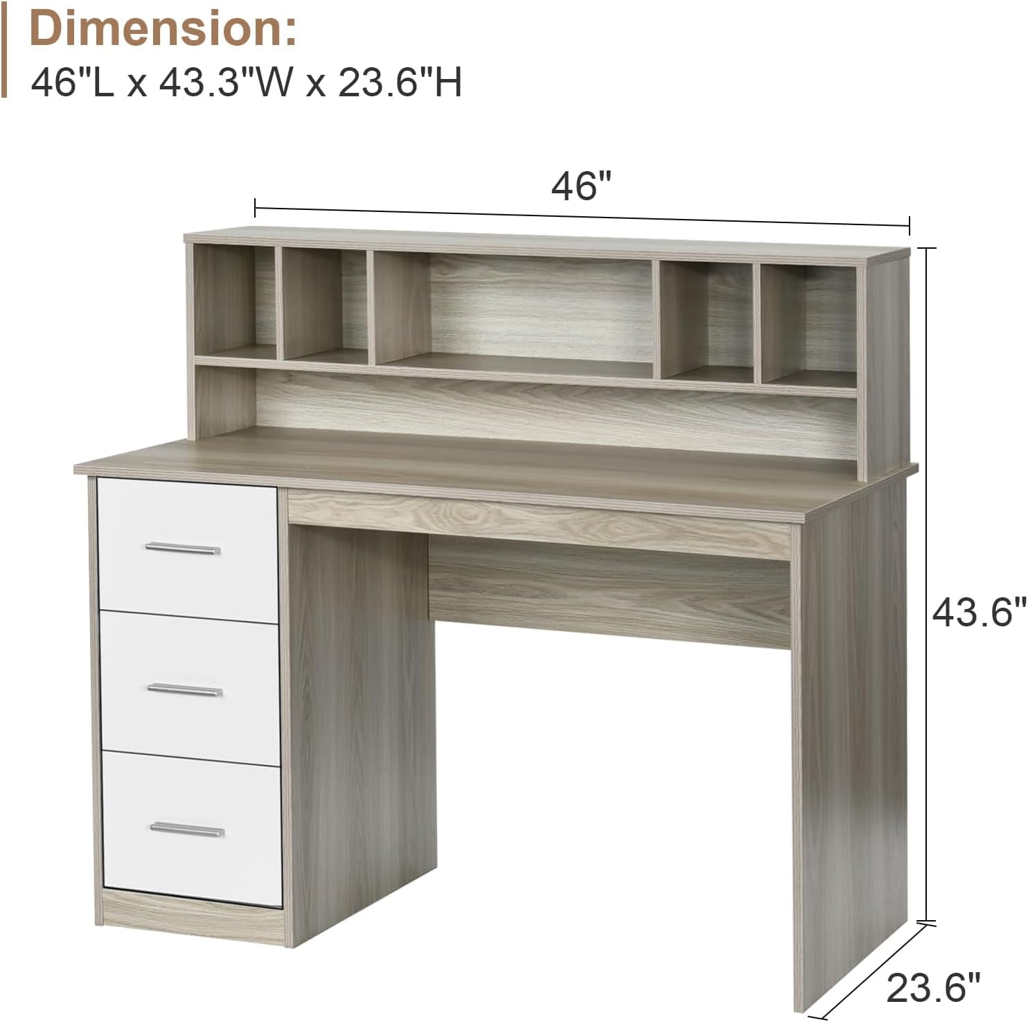 DreamCurship 47 in White Computer Desk, Home Office Desk with Hutch Shelf, Wood Study Writhing Desk with 3 Drawers for Home Office, Oak White
