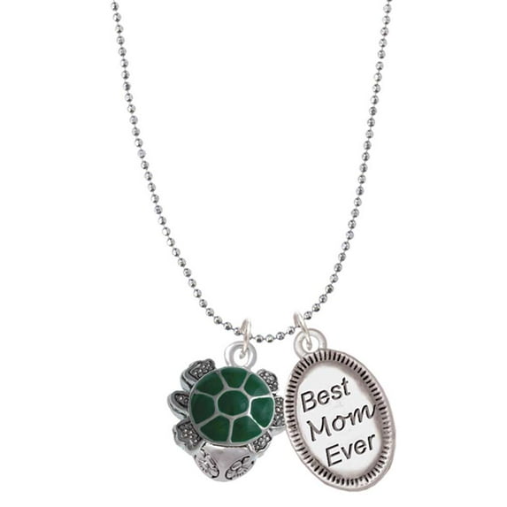 Delight Jewelry Silvertone Green Enamel 2-D Turtle Spinner Best Mom Ever Charm Necklace