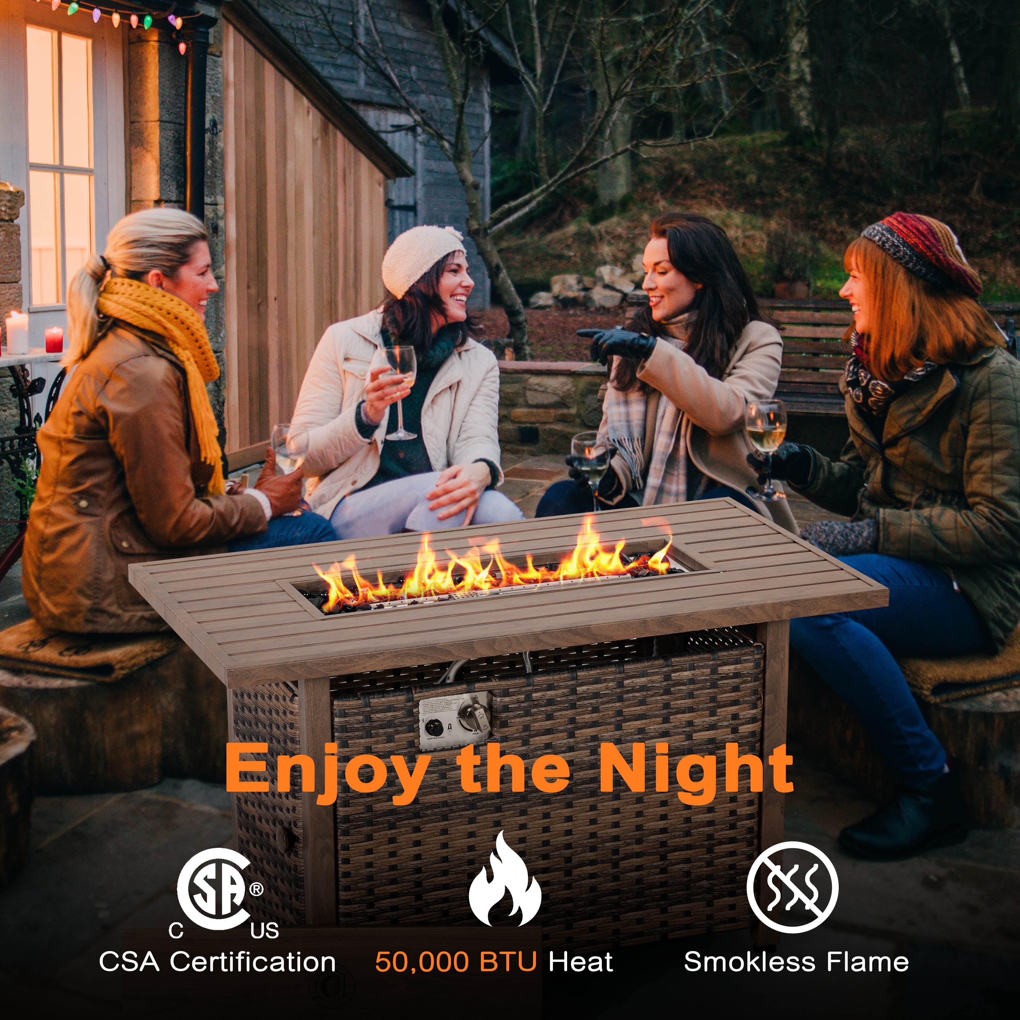 Nuu Garden 43'' Propane Gas Fire Pit with Glass Wind Guard, Rattan Outdoor Fire Pit Table 50,000 BTU Smokeless with Lid and Glass Beads, All-Metal Frame Patio Fire Pit Table , Brown