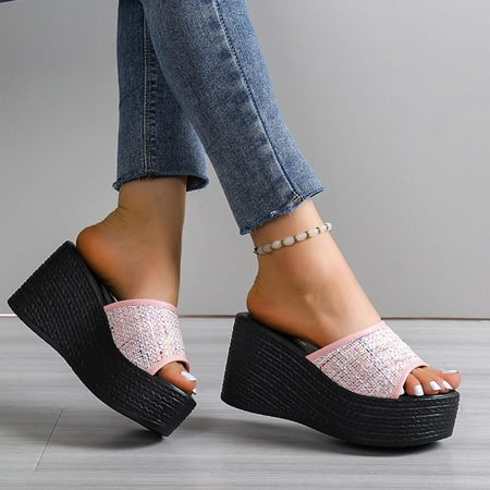 

Women Sandals Clearance 2023! KBODIU Women s Platform Wedge Sandals Extremely Comfy Slides Sandals Sequin High Heels One Line Thick Sole Slippers Sponge Bottom Beach Sandals Non-Slip
