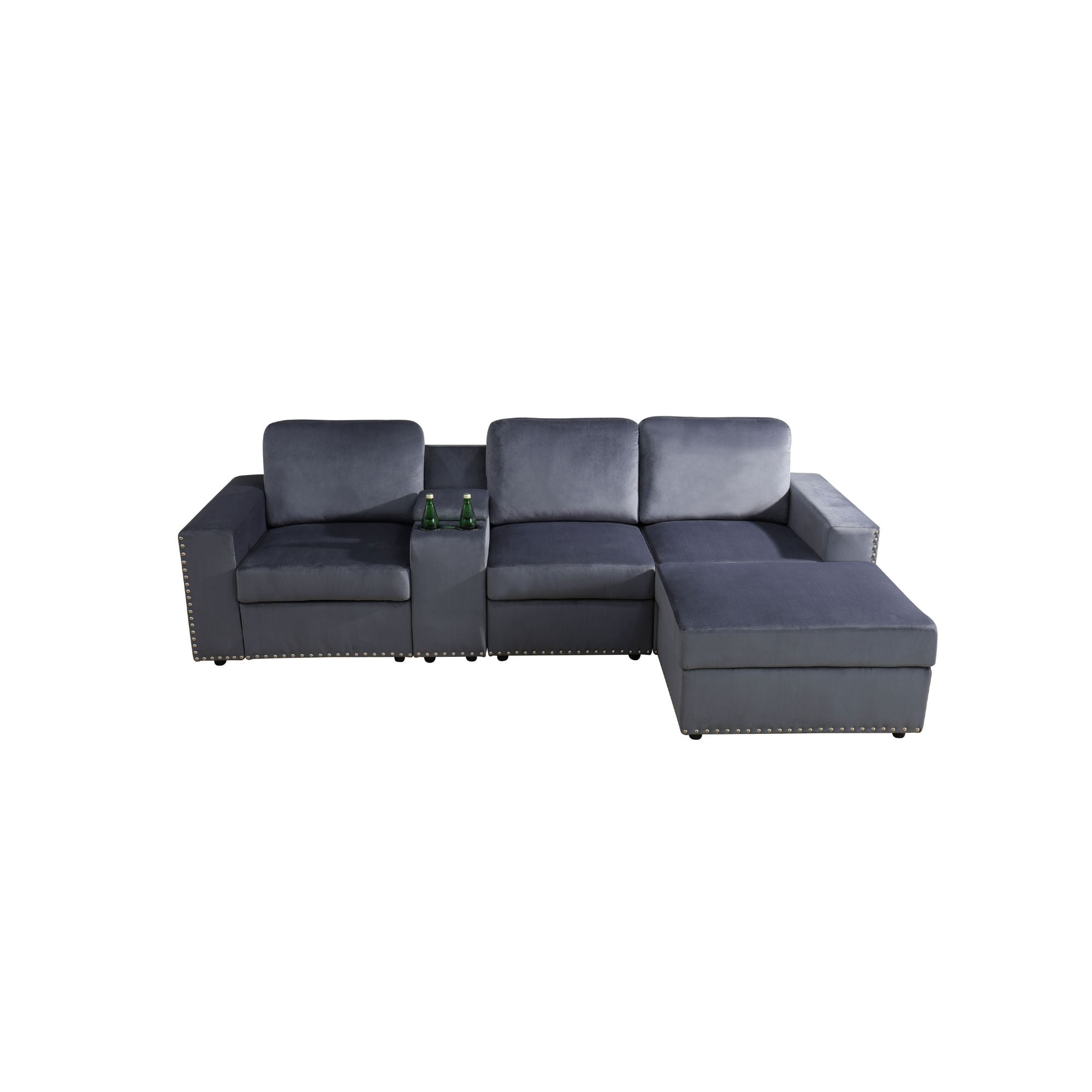 MAYEERTY 3-Seater Sofa, Upholstered Couch with Console, Cup Holders & Anti-Insect Solid Wood Frame, for Living Room Family Room Apartment, Dark Grey