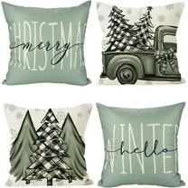 Christmas Pillow Covers Set of 4, 18 x 18 Inches Throw Pillow Covers, Green-Gray Merry Christmas Tree Truck Hello Winter Cushion Case Christmas Decor Xmas Decorations for Sofa Couch