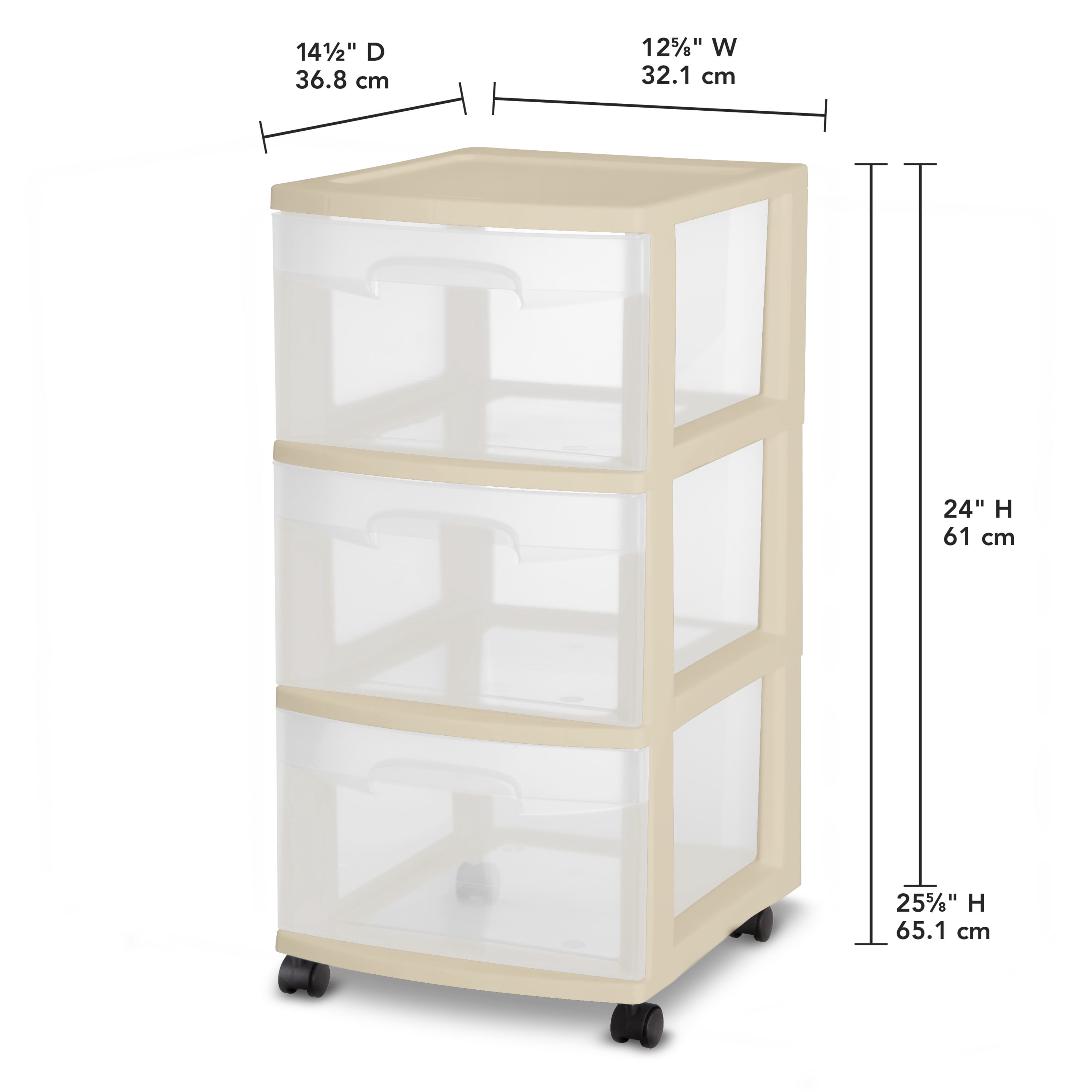 Sterilite 3 Drawer Cart Plastic, Papyrus Beige